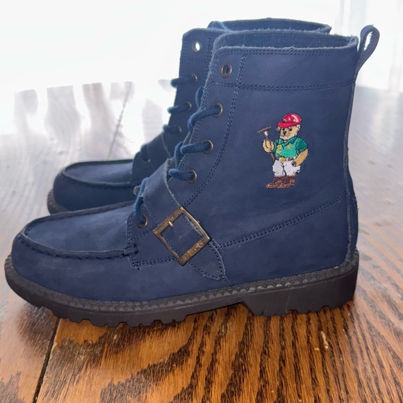 Ralph Lauren Navy Blue Leather Boots Classic Teddy Bear logo Stylish Kids - Picture 5 of 9
